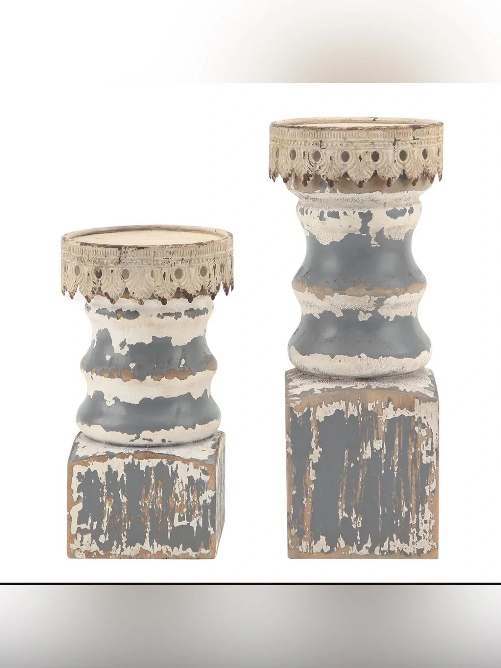 NIKKY HOME Farmhouse Rustic Solid Wood Pillar Candle Holders Set of 2, Grey